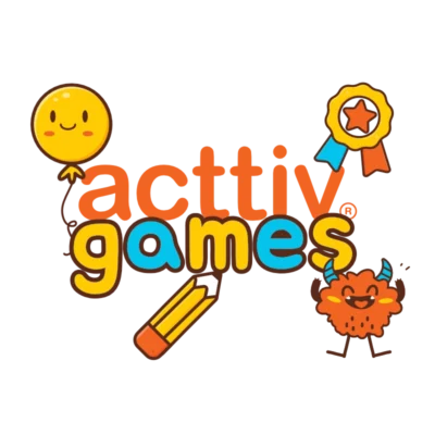 Logo de Acttiv Games con ilustraciones alrededor