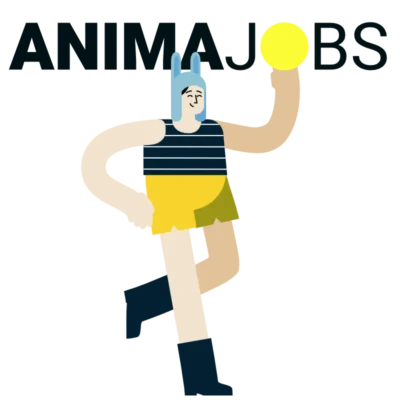 Illustration of a guy with a bunny hat and the Animajobs logo above