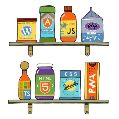 Illustration of a pantry with different products with technologies and frameworks names: WordPress, Angular, JS, PHP...
