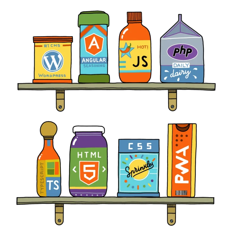 Illustration of a pantry with different products with technologies and frameworks names: WordPress, Angular, JS, PHP...