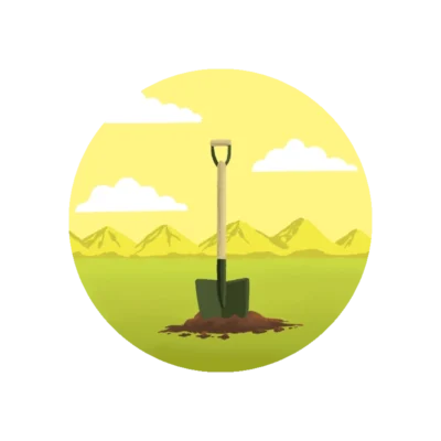 Ilustración de una pala y un hoyo con montañas de fondo