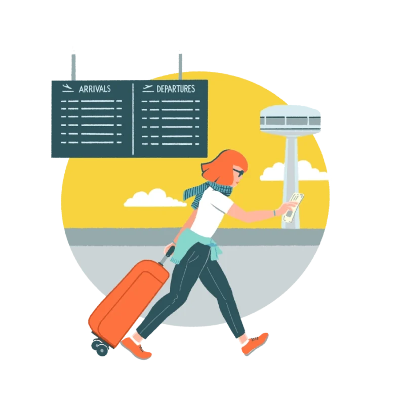 Ilustración mujer en aeropuerto avanzando con la maleta hacia la puerta de embarque