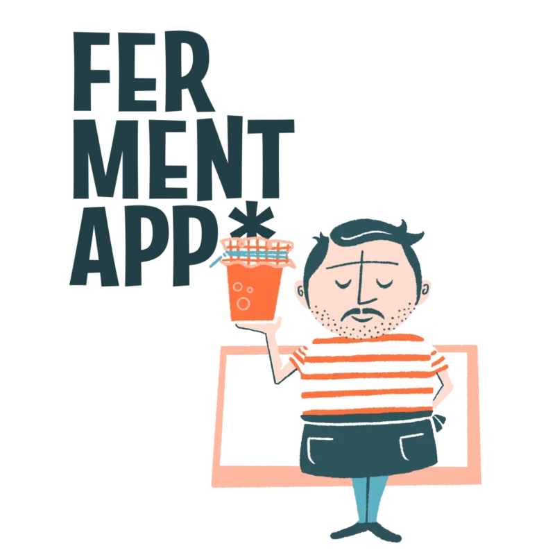 Ilustración de hombre con camiseta de rayas y delantal sosteniendo un tarro y logo de FermentApp