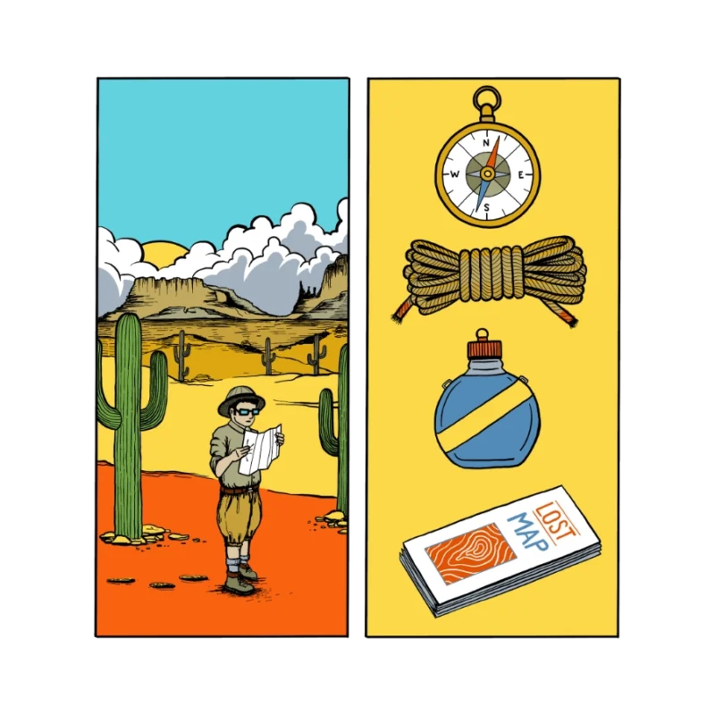 Viñetas de comic de explorador perdido en el desierto leyendo un mapa y vineta contigua con brújula, cuerda, cantimplora y mapa