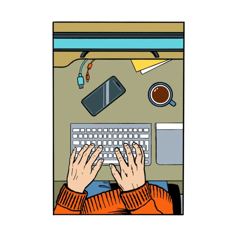 Vista cenital de manos en un teclado de ordenador, con un trackpad, móvil, pantalla y taza de café