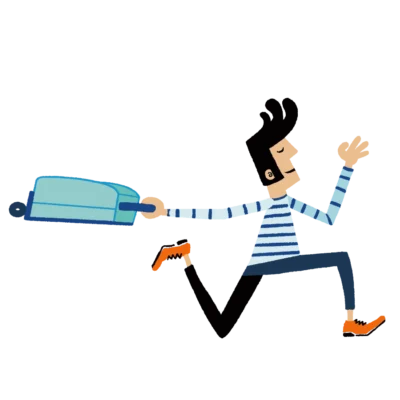 Ilustración estilo cómic de hombre corriendo con maleta a rastras