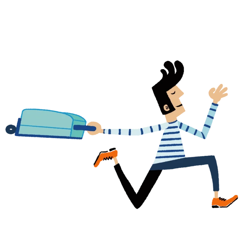 Ilustración estilo cómic de hombre corriendo con maleta a rastras