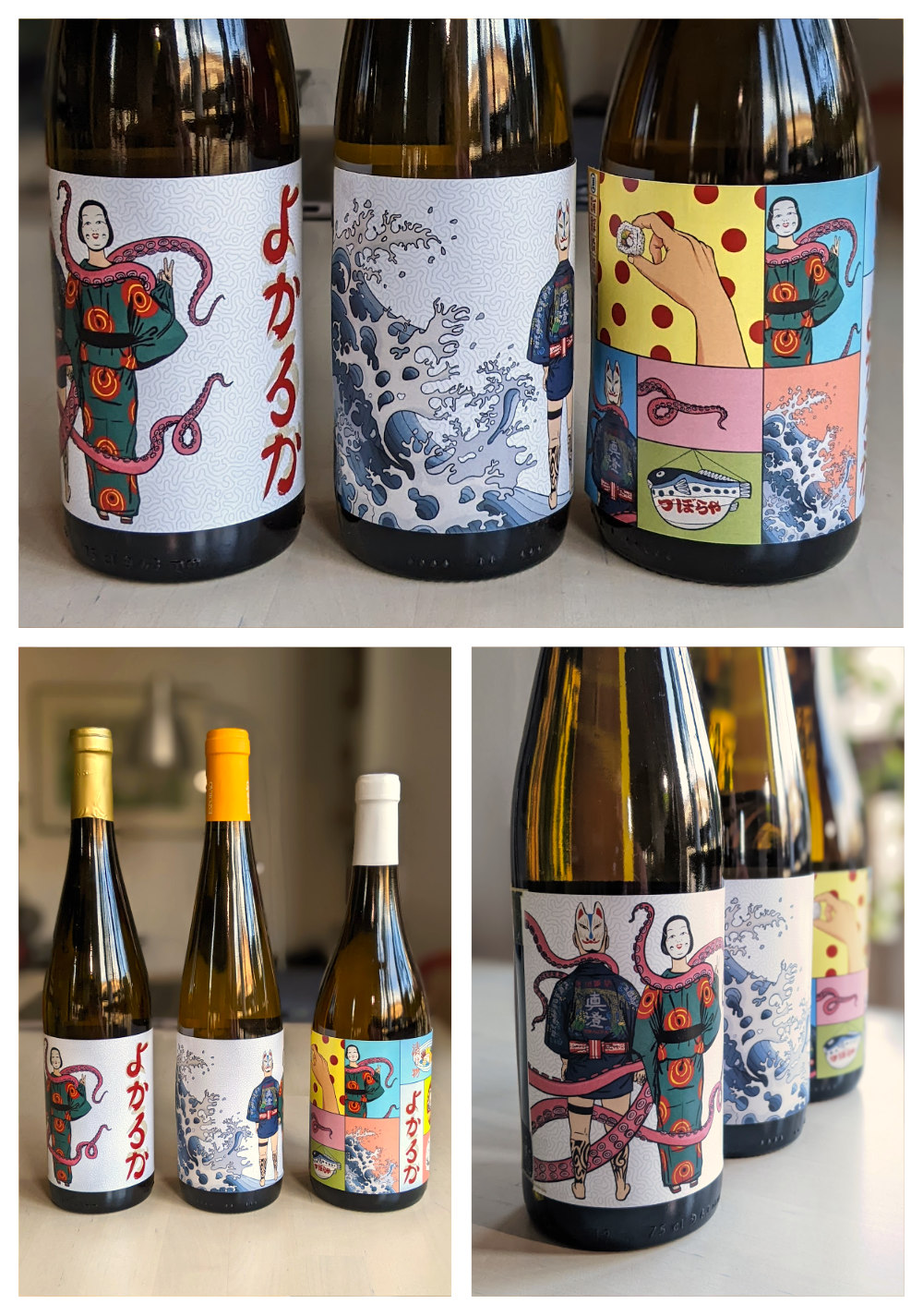 Grid con 3 fotografías de botellas con las pruebas de los 3 diseños de las etiquetas