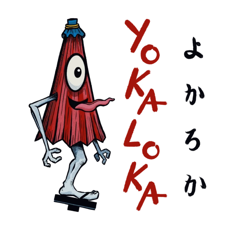 Ilustración de un yokai paraguas con ojo y lengua fuera, con el texto Yokaloka en castellano y en hiragana