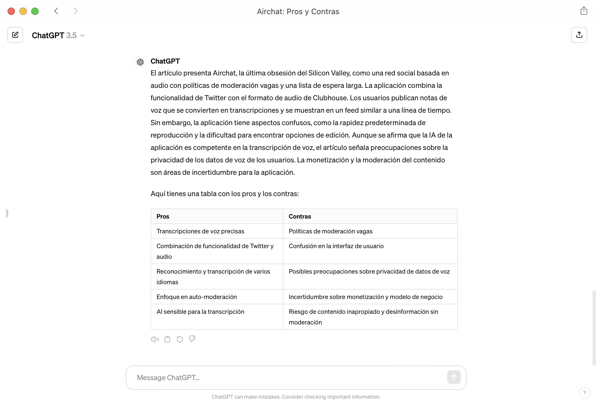 Captura de una respuesta de ChatGPT listando las ventajas e inconvenientes de AirChat