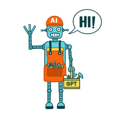 Ilustración robot con una gorra que pone AI y un mandil de herramientas y una caja que pone GPT
