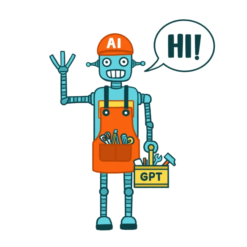 Ilustración robot con una gorra que pone AI y un mandil de herramientas y una caja que pone GPT