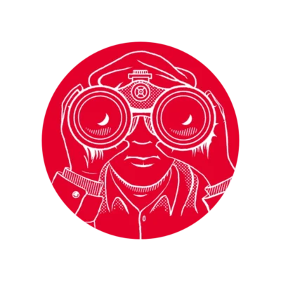 Ilustración círculo rojo con hombre mirando por prismáticos en línea blanca