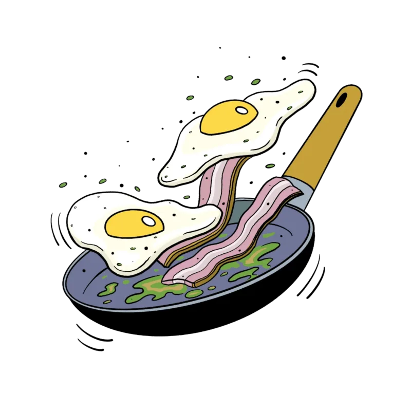 Ilustración de sartén con bacon y huevos